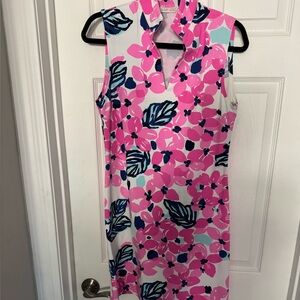 MAHI GOLD Pink Floral Sleeveless Shift Dress with Navy Accents